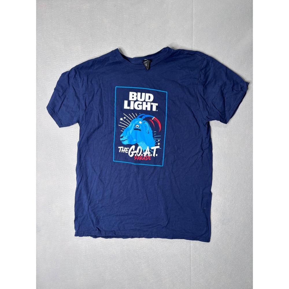 Bud Light The GOAT Parade Navy Blue Graphic T-Shirt Mens Large Short Sleeve